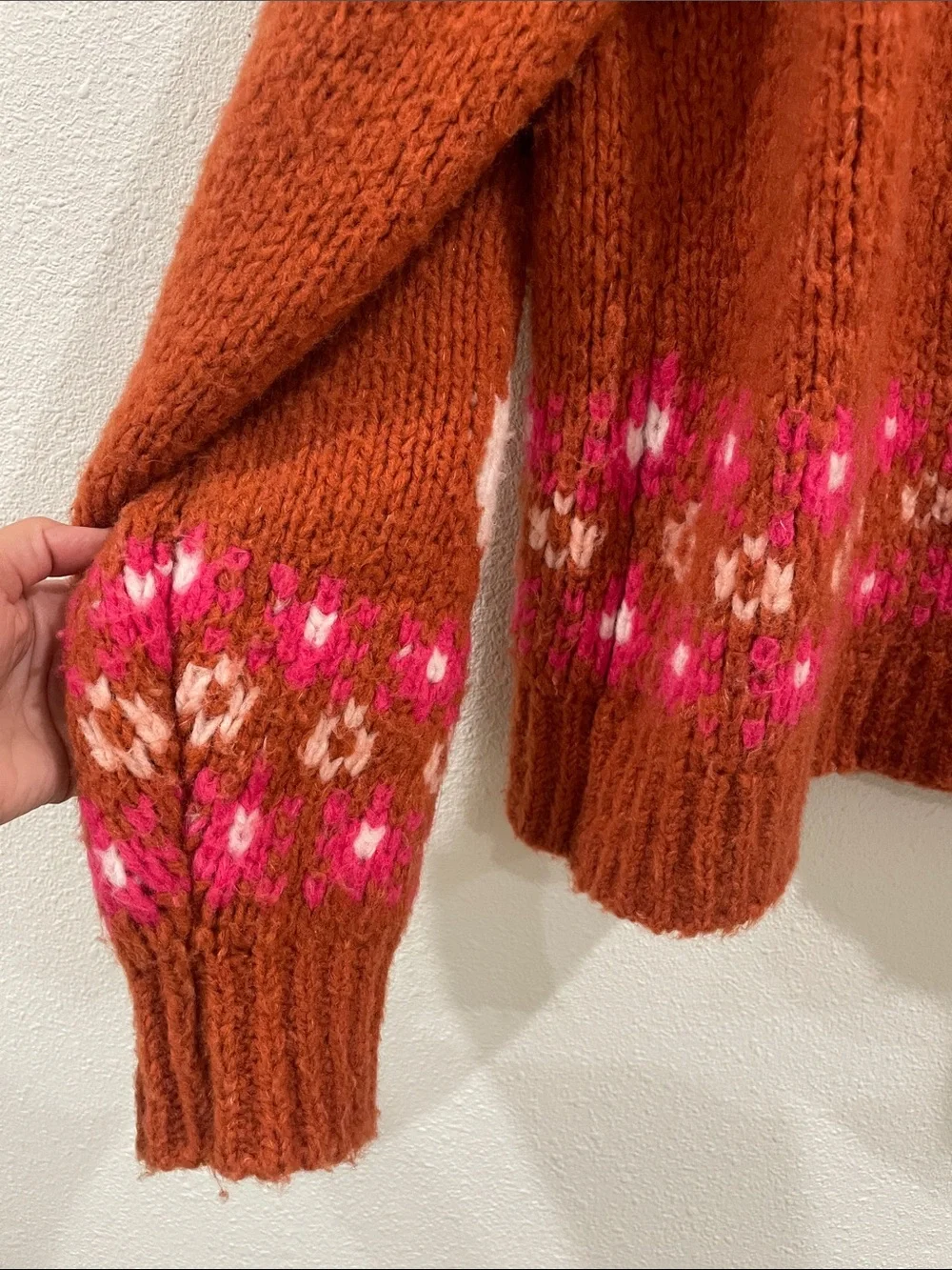 Anthropologie Swan Intarsia Zip Cardigan Rust Wool Blend Novelty Sweater Jacket - Picture 15 of 16